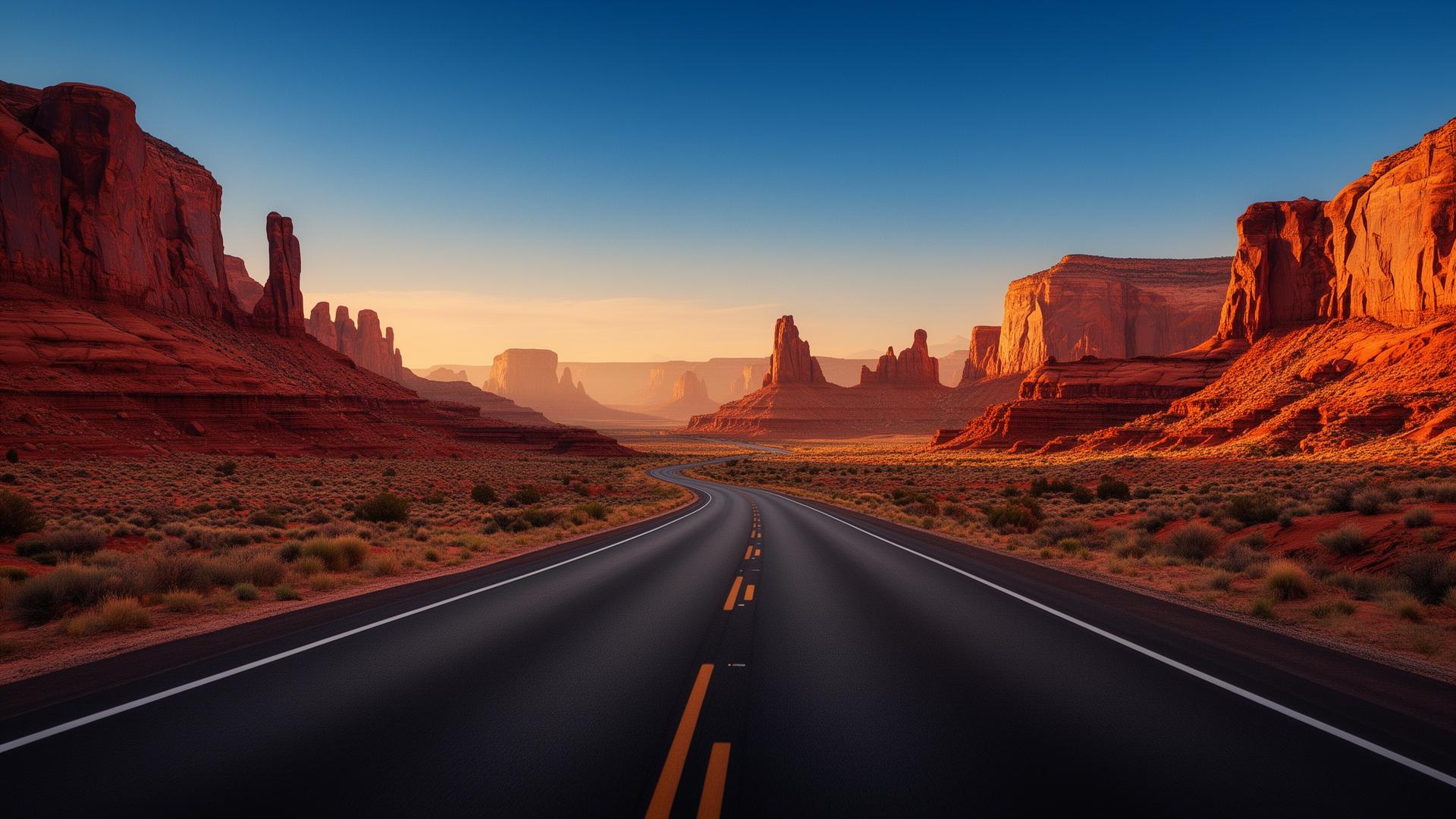 Endlose Highway durch rote Felsen des amerikanischen Südwestens